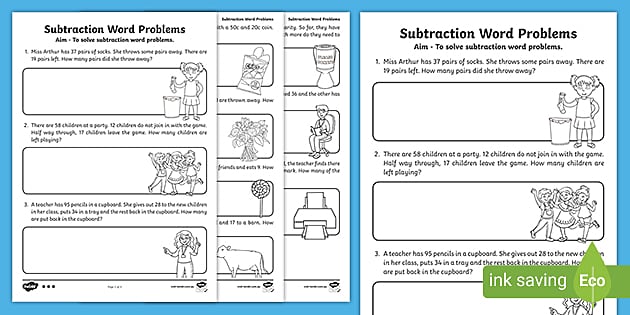 Year 2 Subtraction Word Problems Worksheets (teacher made)