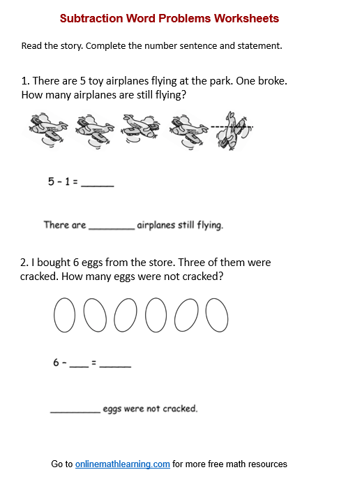 Subtraction Word Problem Worksheets (First Grade, printable, answers)