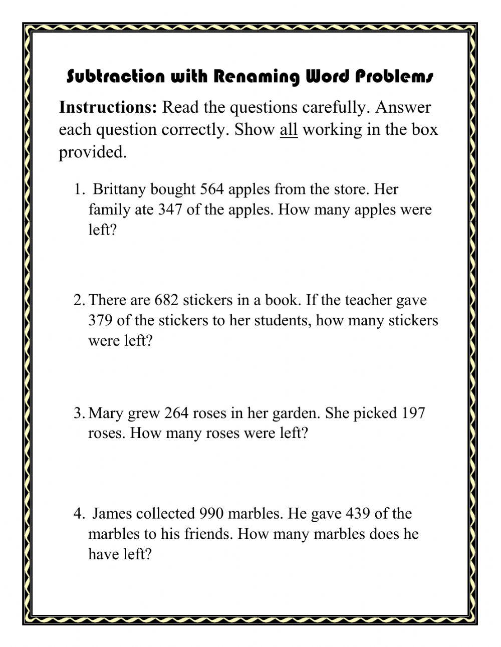 3 Digit Subtraction with Renaming Word Problems worksheet | Live ...