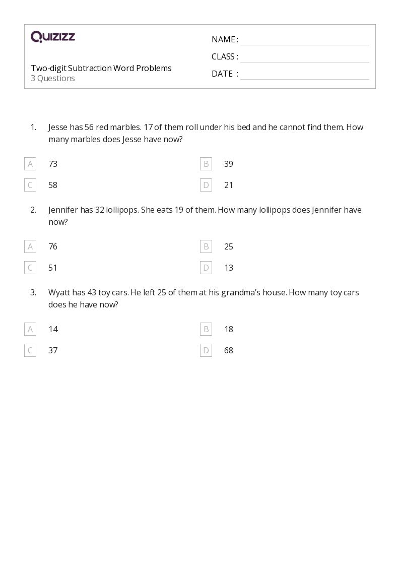 50+ Two-Digit Subtraction Word Problems worksheets for 2nd Year on ...
