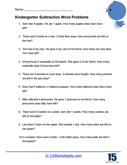 subtraction word problems worksheet for