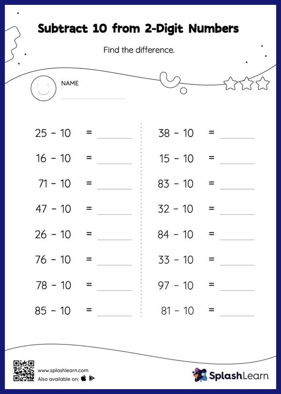 Subtract 10 from 2-Digit Numbers: Horizontal Subtraction - Math ...