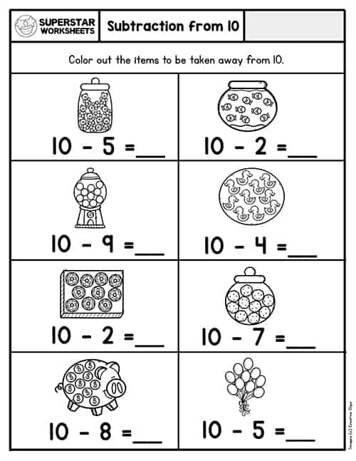 subtraction worksheet 10 or less