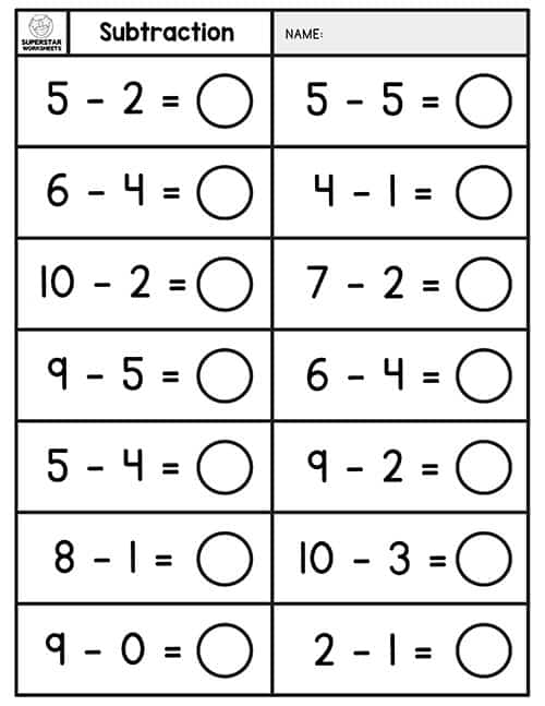 subtraction worksheet 10 or less