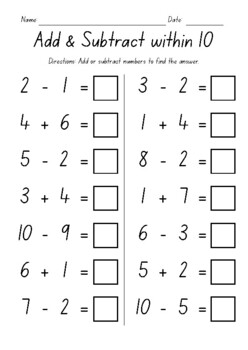 subtraction worksheet 10 or