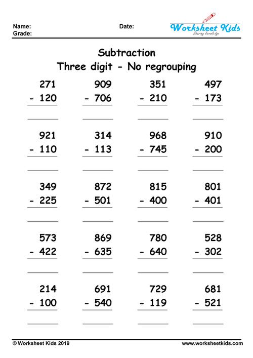 3 Digit Subtraction Without Regrouping Worksheets - Free printable PDF