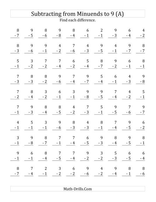 100 Subtraction Questions with Minuends up to 9 (A)