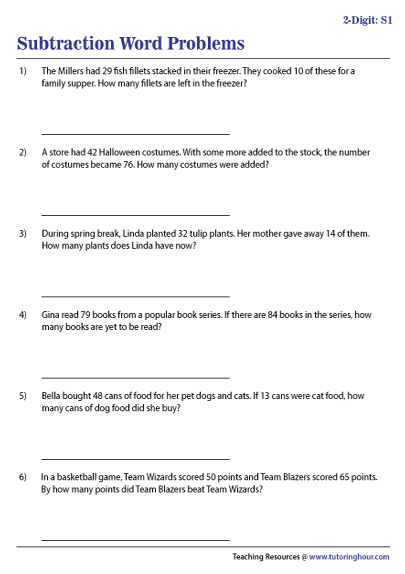 2-Digit Subtraction Word Problems Worksheets