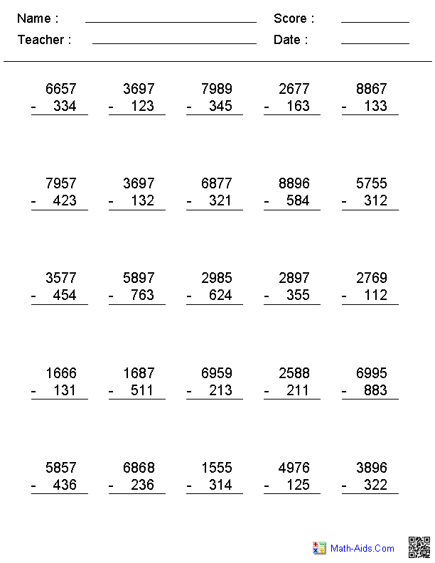 Subtraction Worksheets | Dynamically Created Subtraction Worksheets