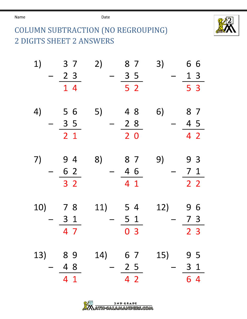 2 Digit Subtraction Worksheets