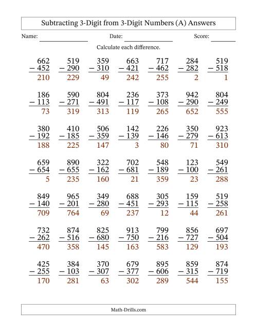 Subtracting 3-Digit from 3-Digit Numbers With Some Regrouping (49 ...