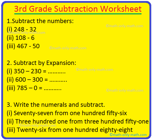 3rd Grade Subtraction Worksheet | 3-Digit Subtraction Worksheets | Ans