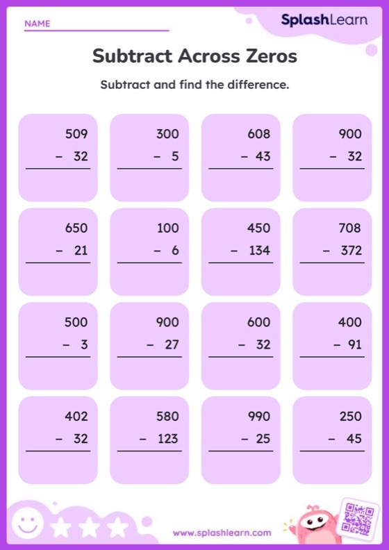 subtraction worksheet across zeros