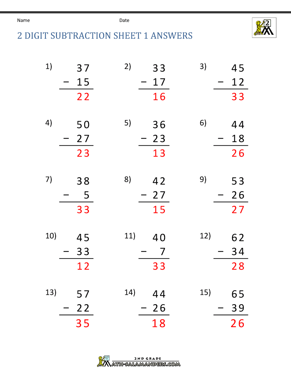 2 Digit Subtraction with Regrouping Worksheets