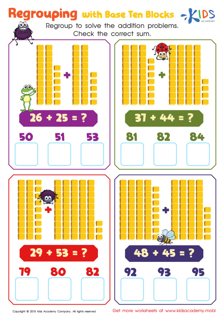 Regrouping With Base Ten Blocks Worksheet for kids