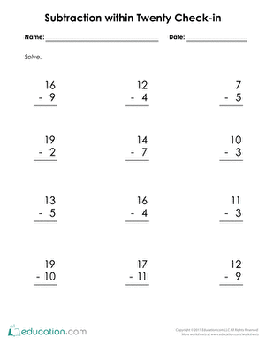 Subtraction Within 20 Check-in | Interactive Worksheet 
