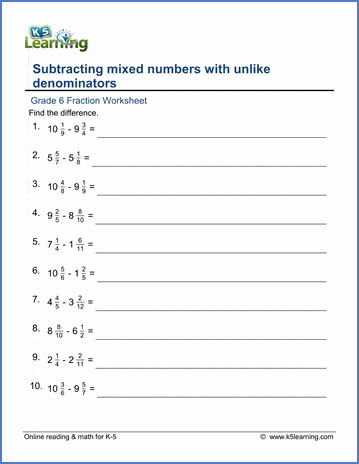 Grade 6 Fraction Worksheets: Subtracting mixed numbers | Worsheets library