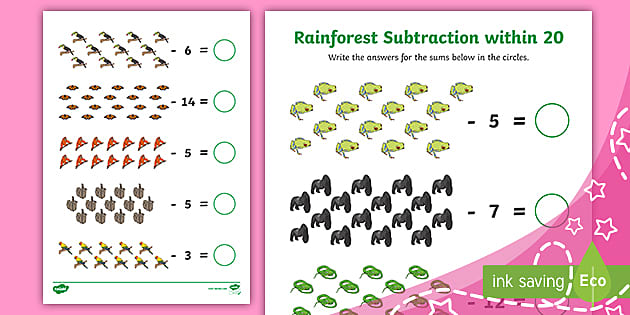 ? Rainforest Subtraction within 20 Worksheet (Ages 5 - 6)