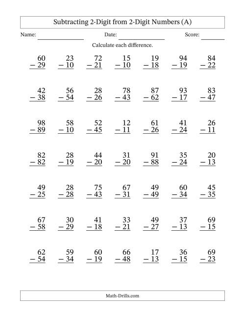 Subtracting 2-Digit from 2-Digit Numbers With Some Regrouping (49 ...