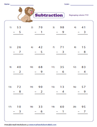 2-Digit minus 1-Digit Subtraction Worksheets