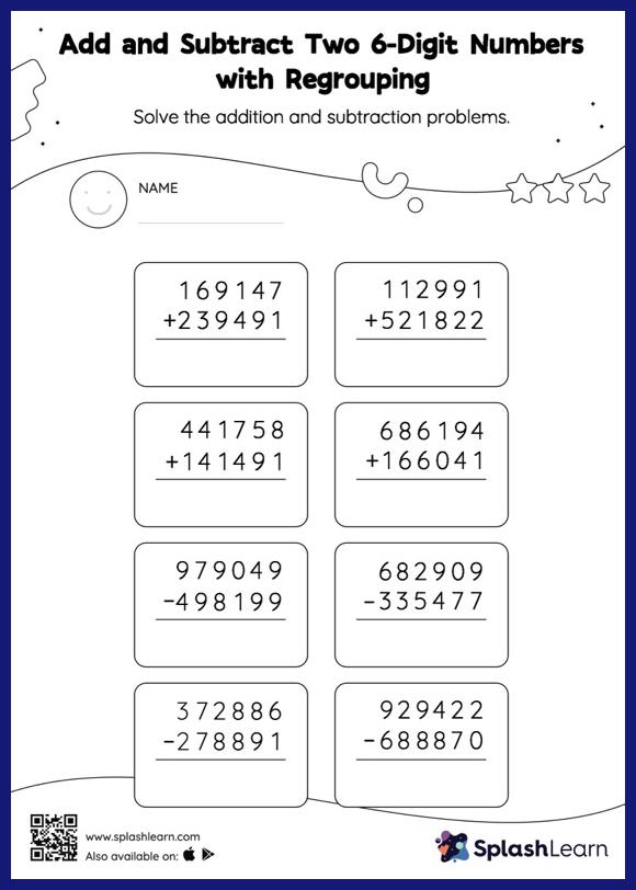 Add and Subtract Two 6-Digit Numbers with Regrouping: Vertical ...