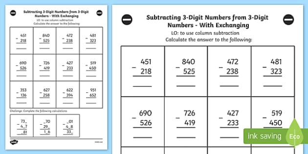 subtraction worksheet borrowing 3 digits