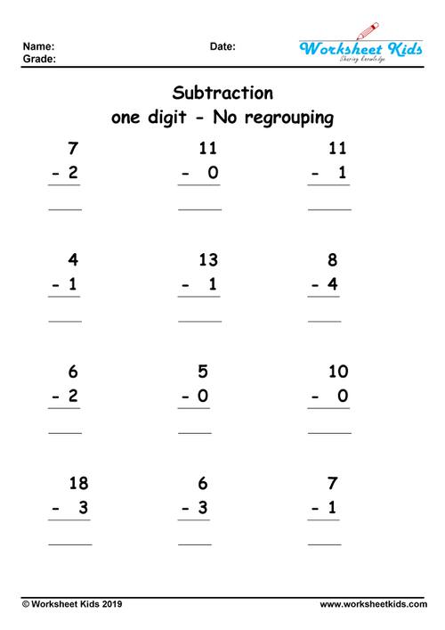 One Digit Subtraction No Regrouping Worksheets - Free Printable PDF