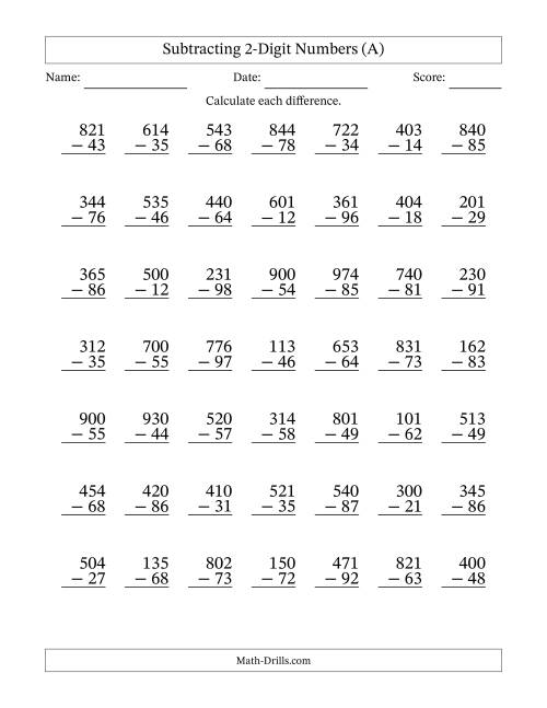 Subtracting 2-Digit Numbers With All Regrouping (49 Questions) (A)