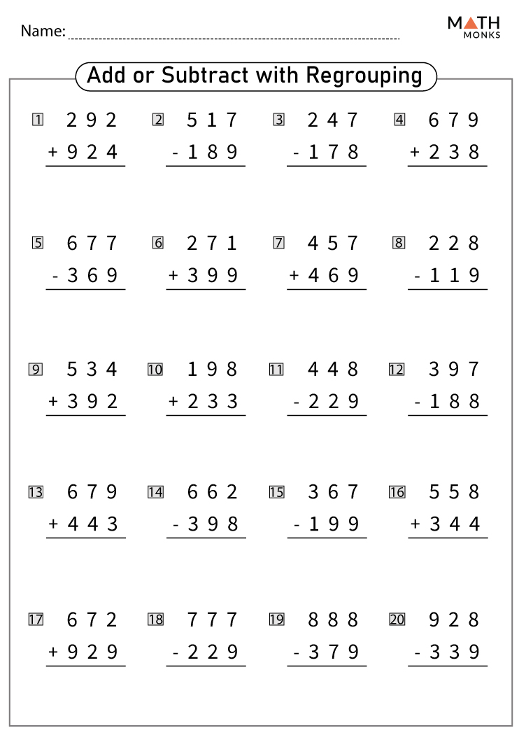 Addition and Subtraction with Regrouping Worksheets with Answer Key