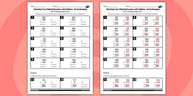 Y3 Inverse Check 3 Digit 3 Subtraction Addition Exchanging Sheet