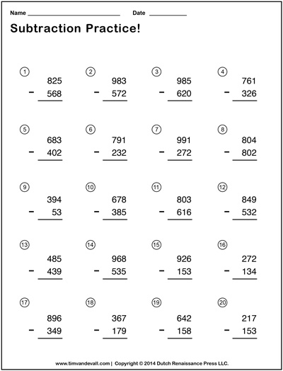 Triple Digit Subtraction Worksheets - Tims Printables