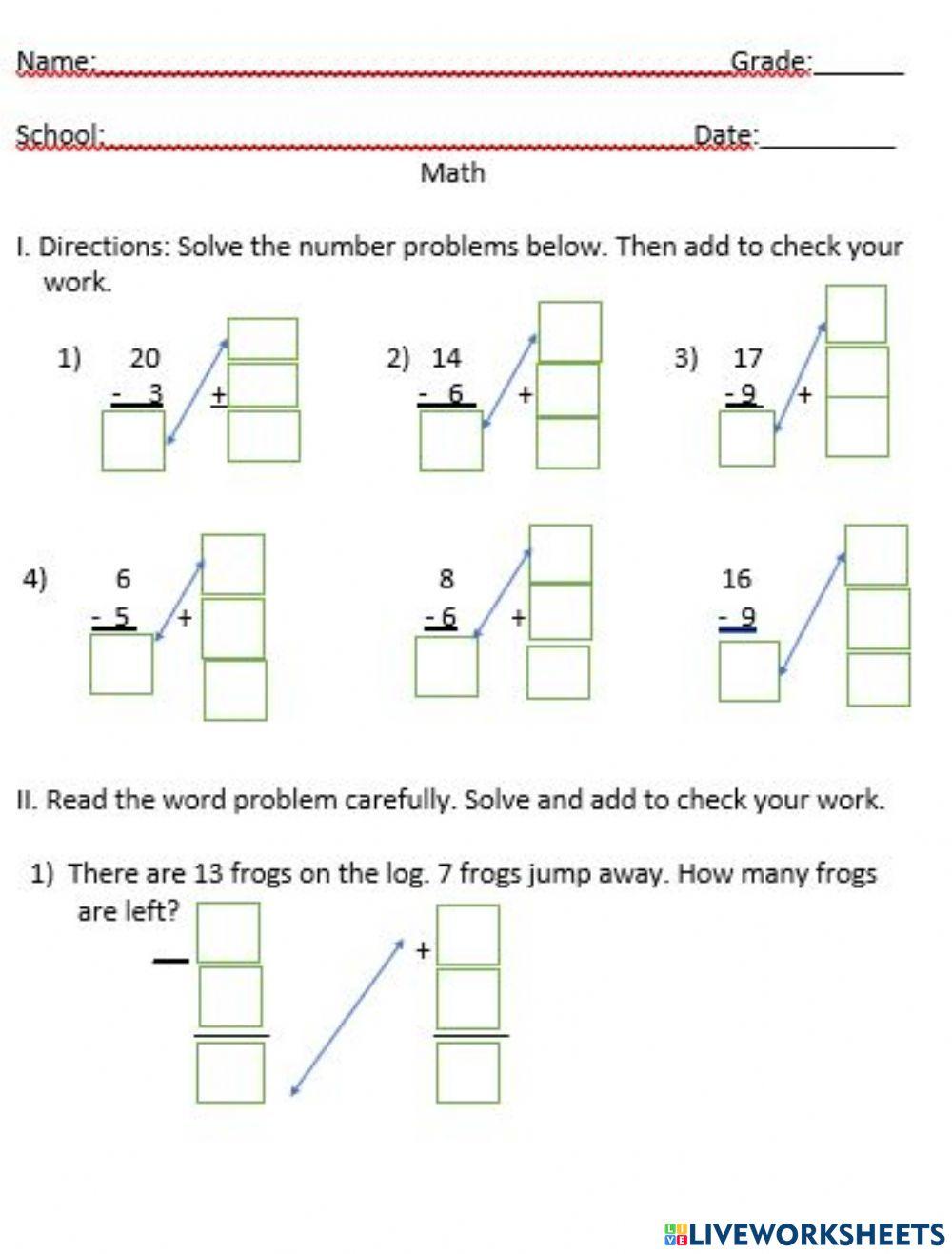 Checking subtraction with addition worksheet  