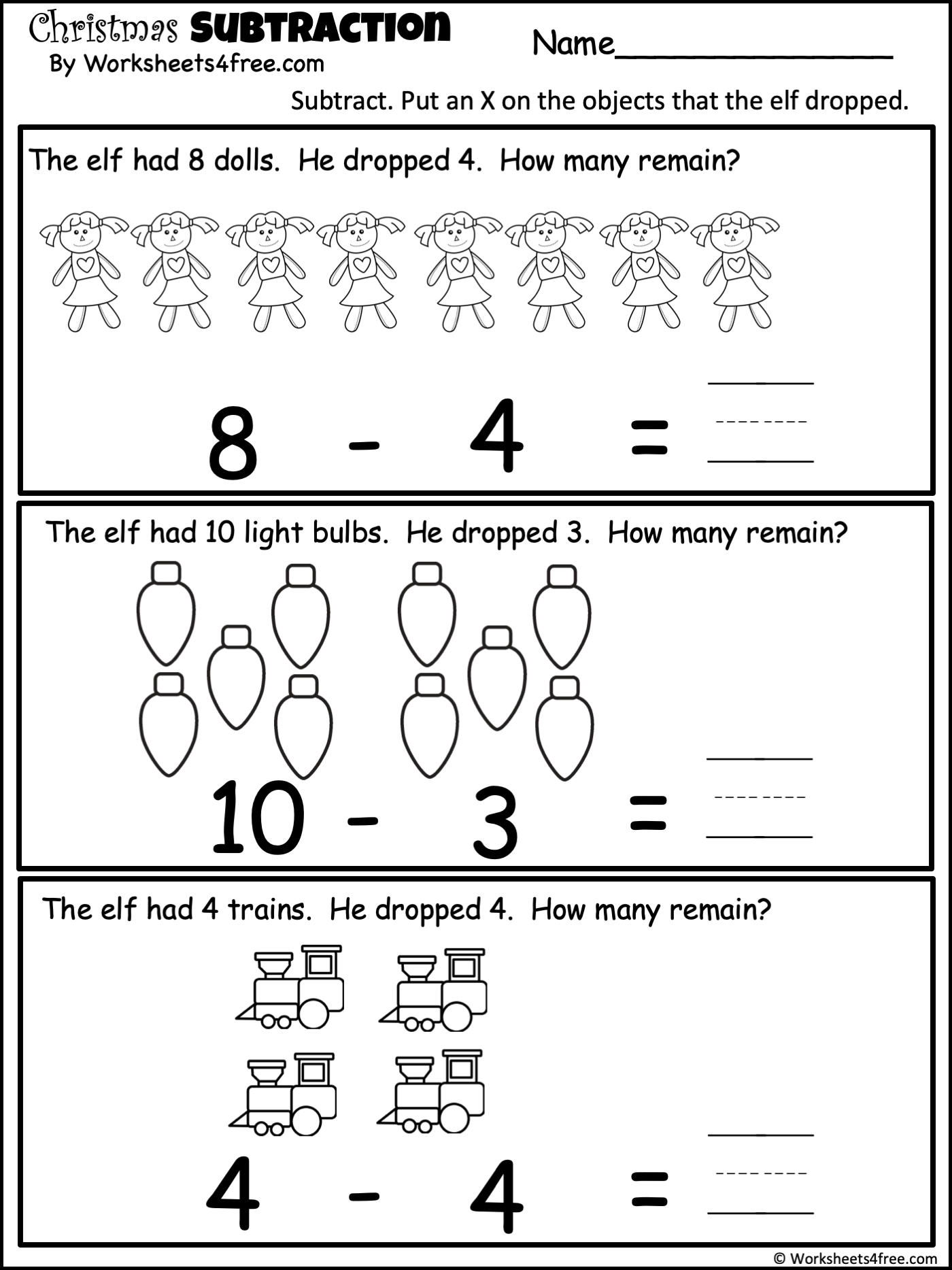 Free 1 Digit Subtraction Worksheet for Christmas - Worksheets4Free