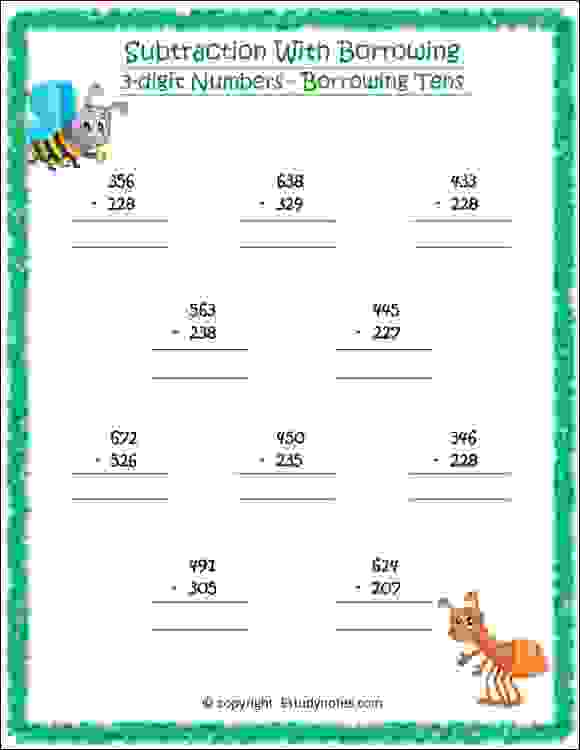 Subtraction with borrowing tens worksheet 1