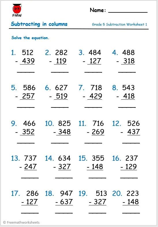 Grade 5 Subtraction Worksheets | Free Printables | Worksheets