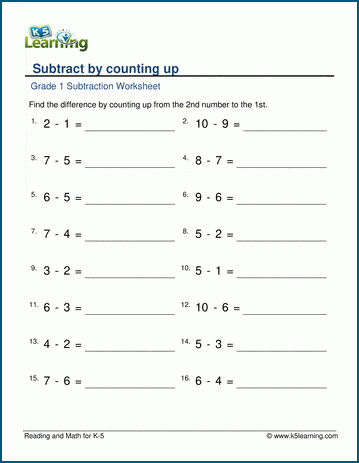 Subtract by counting up worksheets | Worsheets library