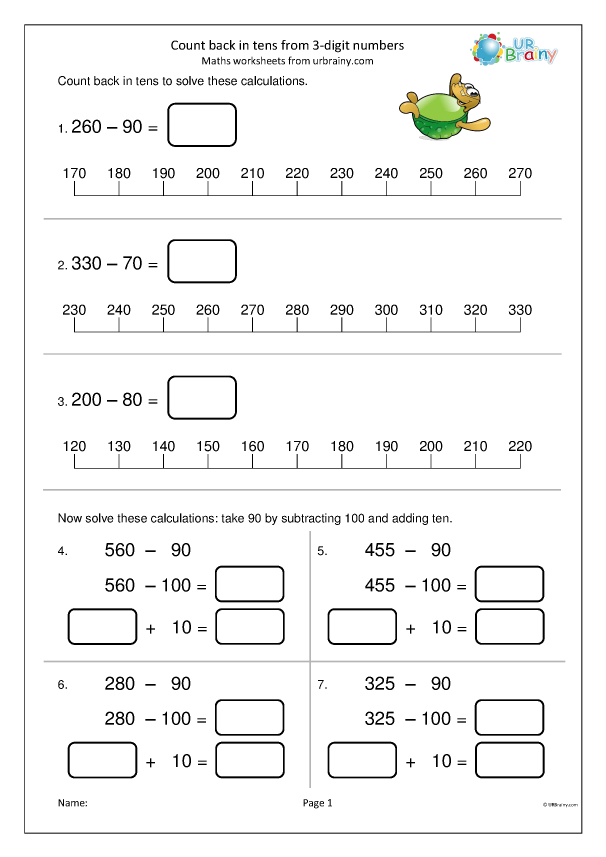 Count back in tens - Subtraction Maths Worksheets for Year 3 (age ...