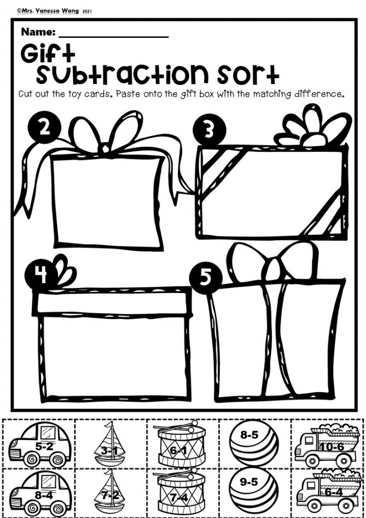 subtraction worksheet cut and