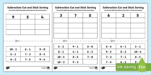 Subtraction Facts within 10 Cut and Stick (teacher made)