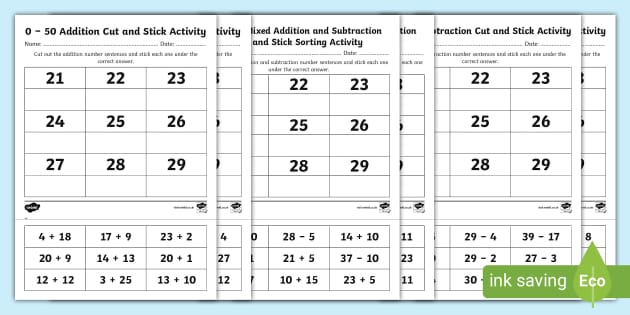 0 - 50 Addition and Subtraction Cut and Stick Activity