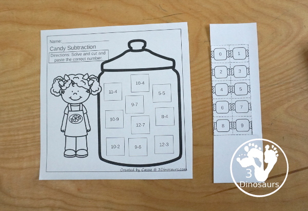 Free Candy Subtraction Cut &  Paste Worksheet - 3 Dinosaurs