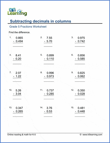Subtracting decimals in columns worksheets | Worsheets library
