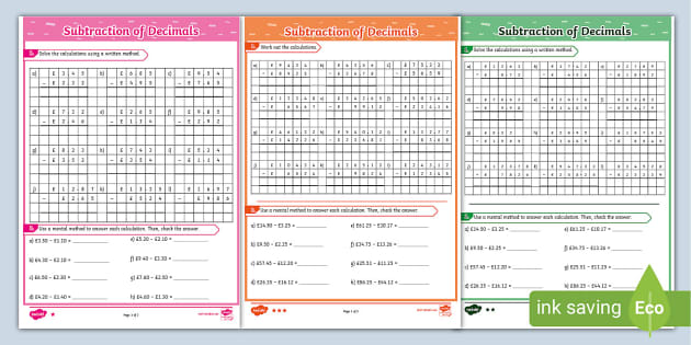 KS2 Subtraction of Decimals Worksheets Primary Resources
