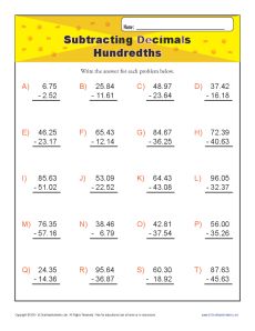 Subtracting Decimals - Hundredths | Decimal Worksheets