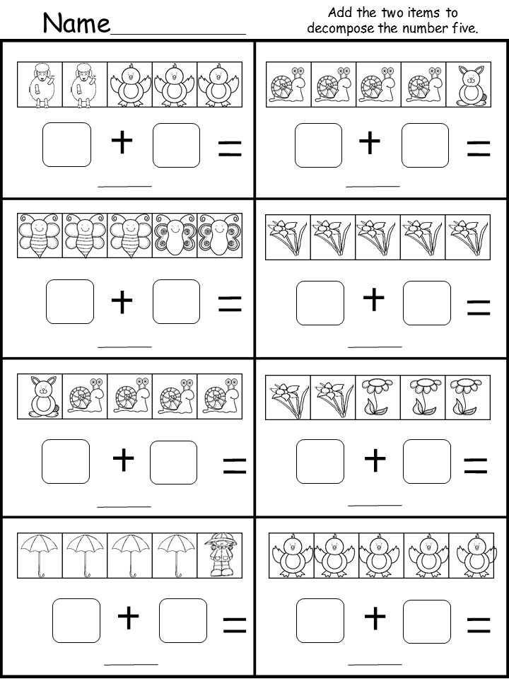 Kindergarten Decomposing Worksheet (Number 5) - kindermomma.com