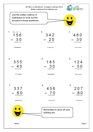 Written subtraction: 3-digit numbers subtract tens - Subtraction ...