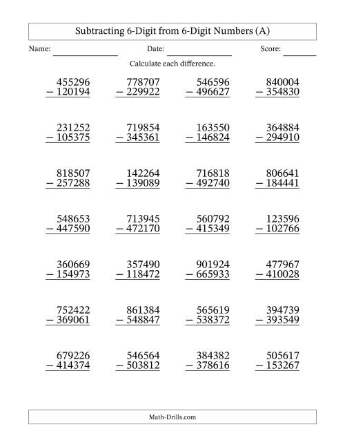 Subtracting 6-Digit from 6-Digit Numbers With Some Regrouping (28 ...