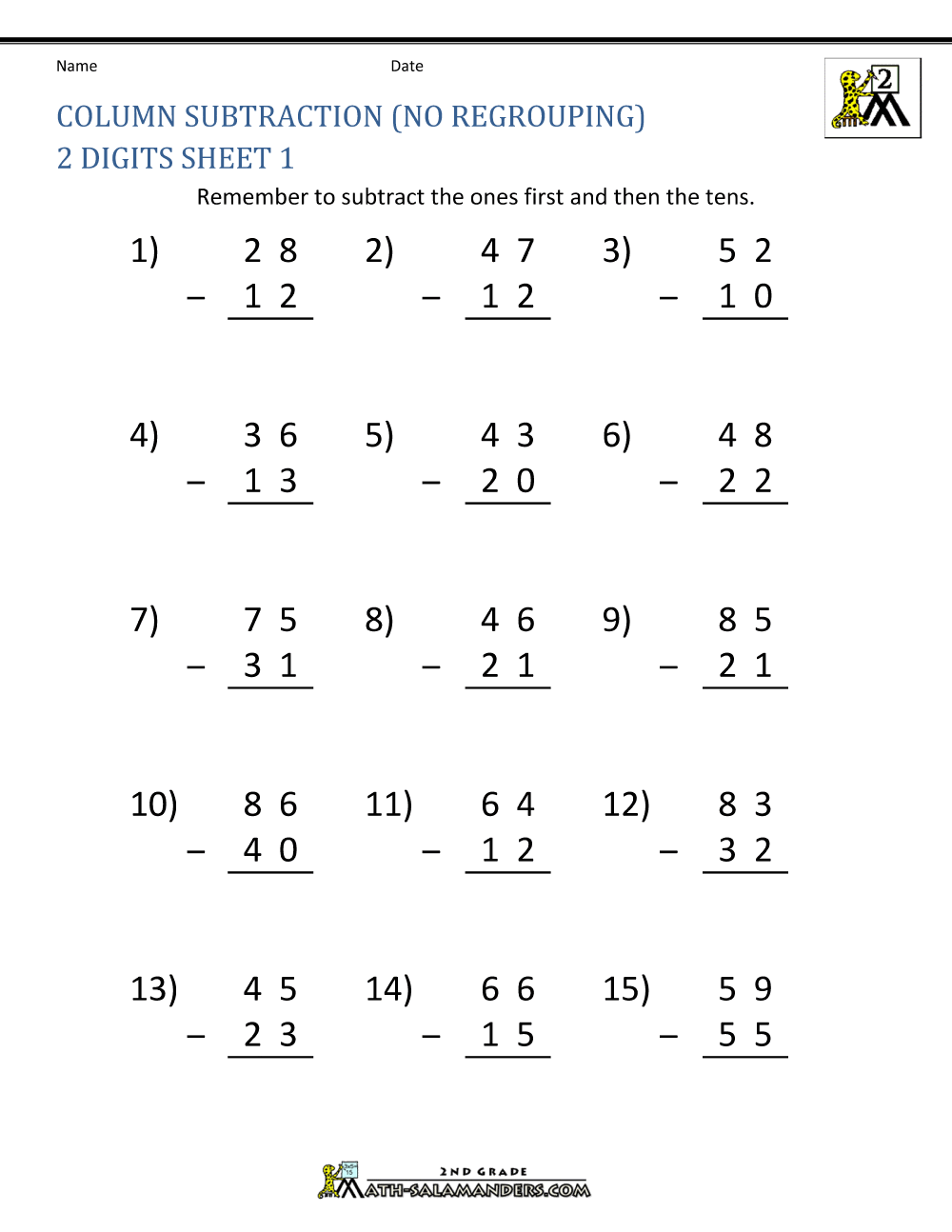 subtraction worksheet double digit with
