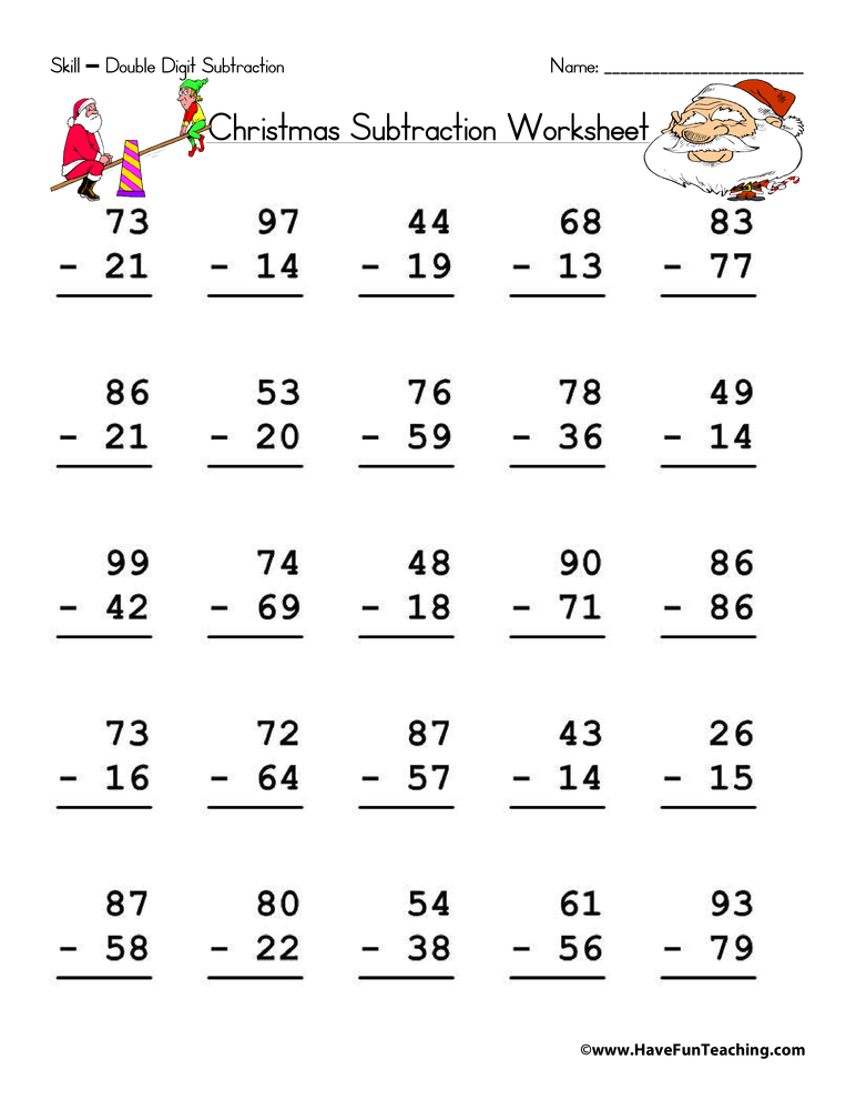 Christmas Double Digit Subtraction Worksheet  