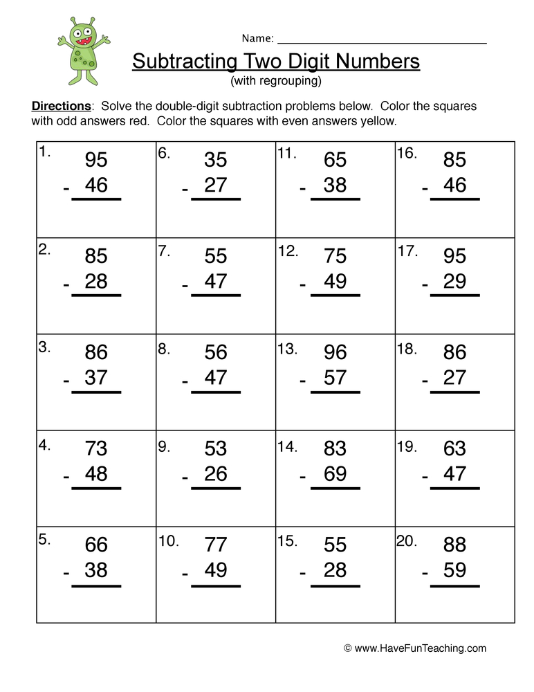 subtraction worksheet double digit